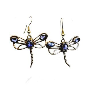 Vintage Dragonfly Earrings Dangle Drop With Amethyst Stones 925 Sterling Silver